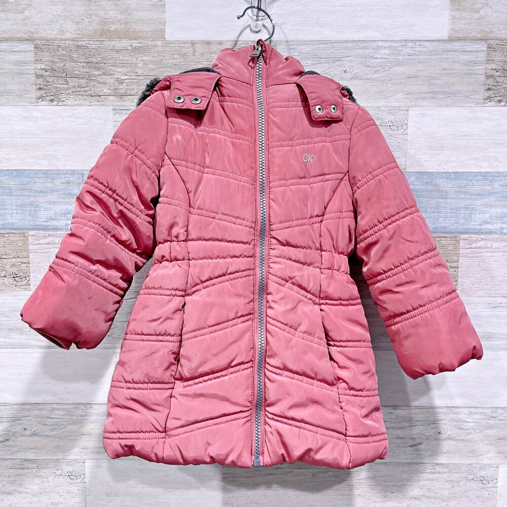 Calvin Klein Satin Hooded Puffer Jacket Pink Fleece Lined Winter Toddler Girl 2T